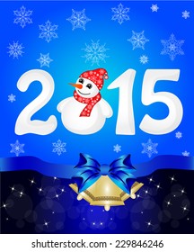 Happy New Year 2015 From Snow With Snowman and Santa Hat. Vector