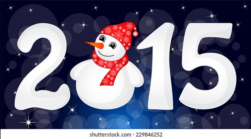 Happy New Year 2015 From Snow With Snowman and Santa Hat. Vector
