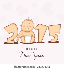 Feliz Año Nuevo 2015 texto elegante con lindo bebé en forma de corazón decorado con fondo beige.