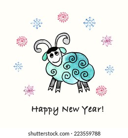 Happy new year 2015 symbol. Year of the Sheep. Watercolor hand drawn sheep. Sheep year symbol for calendar 2015.