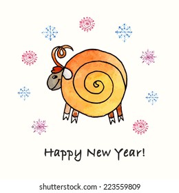Happy new year 2015 symbol. Year of the Sheep. Watercolor hand drawn sheep. Sheep year symbol for calendar 2015.
