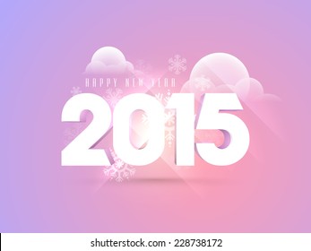 Feliz Año Nuevo 2015 el diseño de texto sobre copos de nieve y nubes decoradas con fondo morado, puede ser usado como afiche, pancarta o volante.