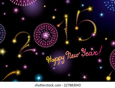 Happy New Year 2015! Vector holiday background with many stars and fireworks on night dark sky.  Figure 2015 like fireworks stars.