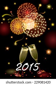 Happy new year 2015! Vector holiday background with two Champagne Flutes, many stars, fireworks on night dark sky and text 2015