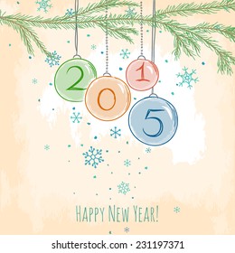 Happy new year 2015 vector illustration. Hand drawn fir tree and christmas balls.