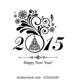 Happy new year 2015! Vintage card. Celebration  background with Christmas tree and place for your text. Vector Illustration 