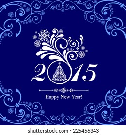 Happy new year 2015! Vintage card. Celebration blue background with Christmas tree and place for your text. Vector Illustration
