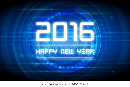 happy new year 2016 in abstract technology circles and grid on dark blue background (vector)