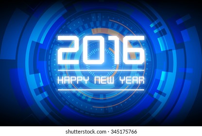 happy new year 2016 in abstract technology circles and grid on dark blue background (vector)