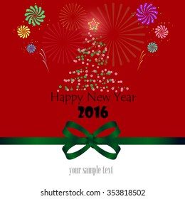 Happy New Year 2016 with abstract Christmas tree and abstract fireworks.
