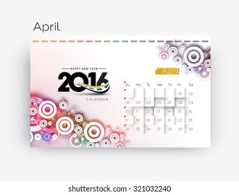 Happy new year 2016 April calendar design.