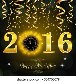 Happy New Year 2016 background with gold clock. vector