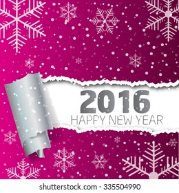 Happy New Year 2016. Background with snowflakes and torn paper.