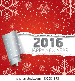 Happy New Year 2016. Background with snowflakes and torn paper.