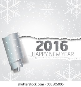 Happy New Year 2016. Background with snowflakes and torn paper.