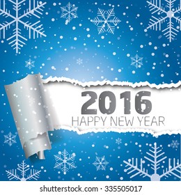 Happy New Year 2016. Background with snowflakes and torn paper.