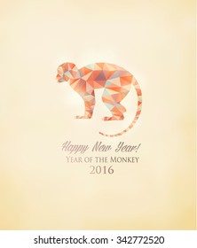 Happy New Year 2016 background with a monkey made out of polygons. Year of the Monkey concept. Vector.