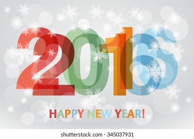 Happy New Year 2016 background with snowflakes. Overlapping digits design. 