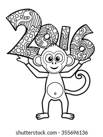 Happy New Year 2016 background. Vector zentangle numbers illlustration. Year of the monkey colouring page