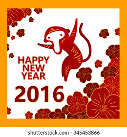 Happy New Year 2016 Banner, Year of the Monkey. Vector illustration. Symbol of 2016. New Year's Banner design. Chinese Decorative Floral Frame.