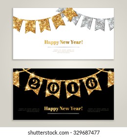 Happy New Year 2016 Banners Set with Flags Garlands. Vector illustration. Gold and Silver Shining Pattern.