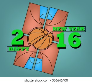 Happy New Year 2016 and a basketball on field background