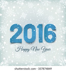 Happy New Year 2016.  Blue, paper type on winter background with snow and snowflakes. Greeting card template. Vector illustration.