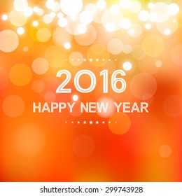 happy new year 2016 in bokeh and lens flare pattern on summer orange background (vector)