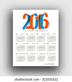 Happy new year 2016 calendar design.