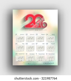 Happy new year 2016 calendar design.