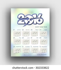Happy new year 2016 calender design.