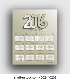 Happy new year 2016 calender design.