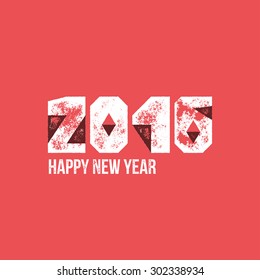 Happy new year 2016 card template - Vector grunge retro greetings - Folded paper numbers on red background