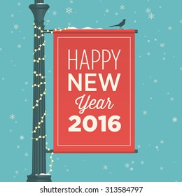 Happy new year 2016 card, street sign, editable vector design