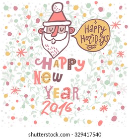 Happy New Year 2016 card in cartoon style. Lovely Santa wishes you Happy holidays