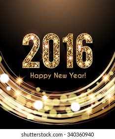 Happy New Year 2016 card, Golden lights background