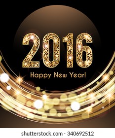 Happy New Year 2016 card, Golden lights background