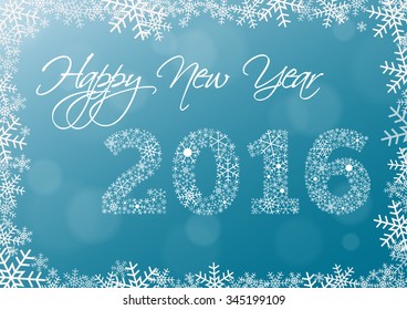 Happy new year 2016 card with snowflake frame and year 2016 made of snowflakes with enough space for your signature or new year's wish