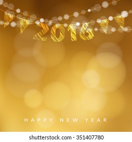 Happy New Year 2016 card with garland of glittering lights and party flags, vector illustration background