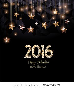 Happy New Year 2016 card, gold letters and gold stars