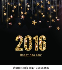 Happy New Year 2016 card, gold letters and gold stars