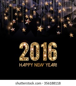 Happy New Year 2016 card, golden letters and golden stars