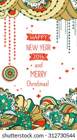 Happy New Year 2016 celebration background.Typography poster or card template with zentangle style ornament. Vector illustration.