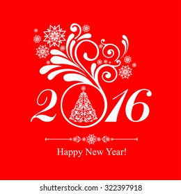 Happy new year 2016! Celebration red background with Christmas tree and place for your text. Vector Illustration