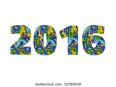 Happy New Year 2016 celebration background. Card for holidays. Decorative colorful ornamental hand drawn zentangle. Creative doodle numbers. Christmas vector illustration.