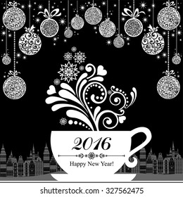 Happy new year 2016. Celebration background with cup, Christmas balls and place for your text. Christmas cup with floral design elements. Menu for restaurant, cafe, bar, tea-house. Vector Illustration