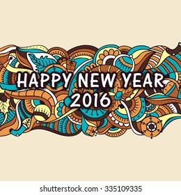 Happy New Year 2016 celebration greeting card with colorful floral design and Christmas ornaments.