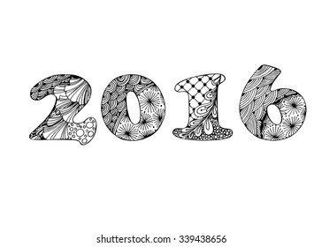 Happy New Year 2016 celebration background. Xmas doodles. Vector illustration in zentangle style.