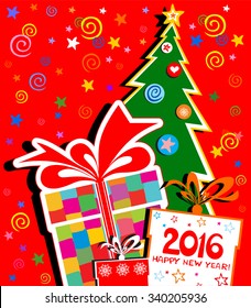 Happy new year 2016.  Celebration red background with Christmas tree, gift boxes and place for your text. vector illustration