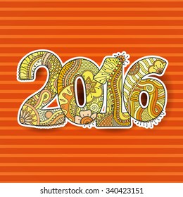 Happy New Year 2016 celebration number. Vector Xmas illustration in zentangle. Christmas background.